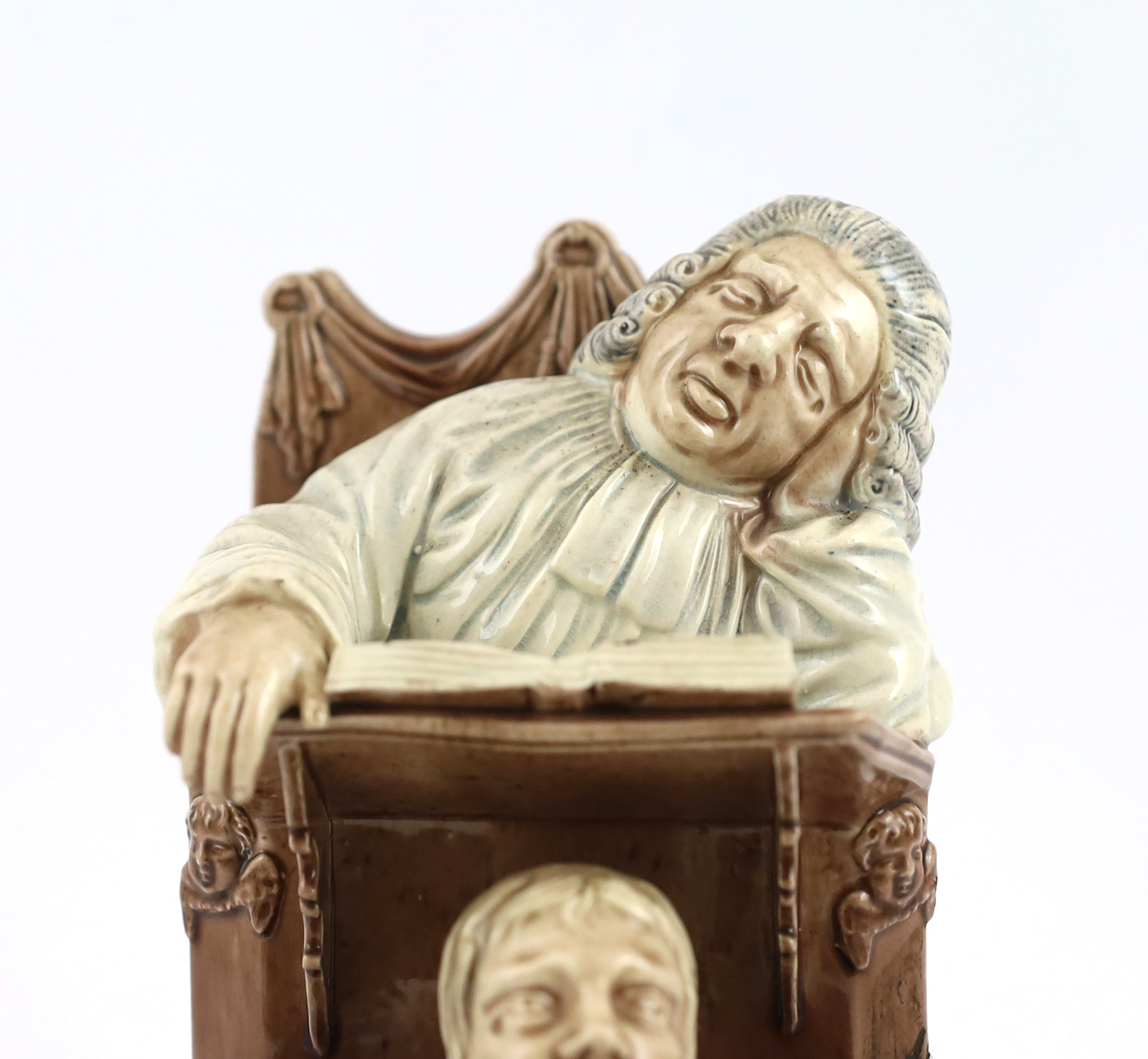 A Ralph Wood type creamware Vicar and Moses group, c.1790, hairline crack to back of pulpit